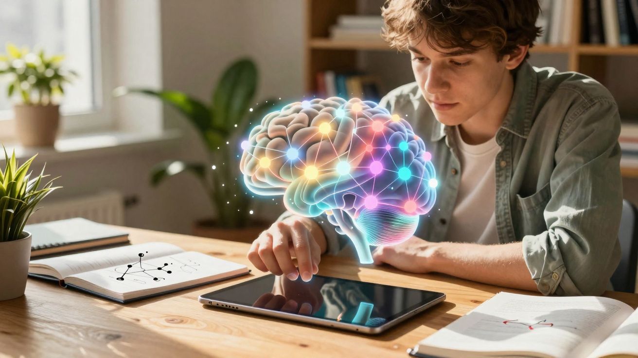 Jeune homme étudiant avec tablette numérique et hologramme de cerveau coloré sur une table en bois.