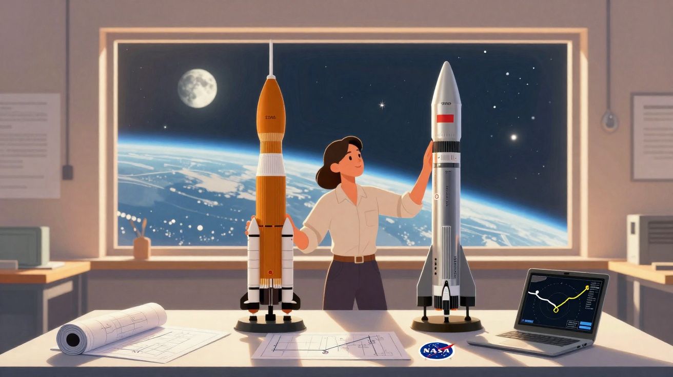 Une femme dans un bureau présente deux maquettes de fusées avec la Terre et la Lune visibles depuis la fenêtre.