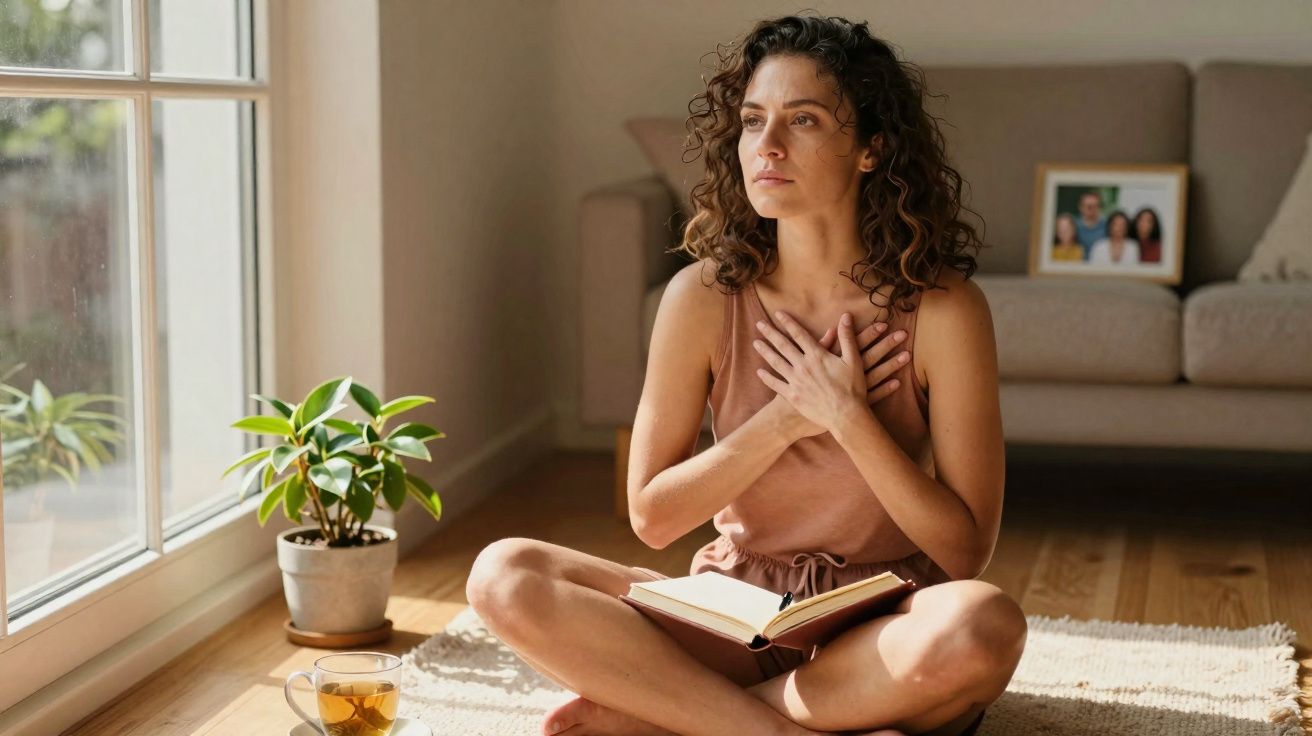 Femme assise en tailleur au sol, mains sur la poitrine, regard pensif, livre ouvert devant elle.