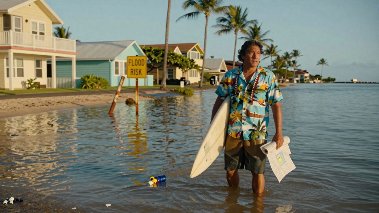 Homme en chemise hawaïenne portant une planche de surf debout dans une rue inondée, panneau « Flood Risk » visible.