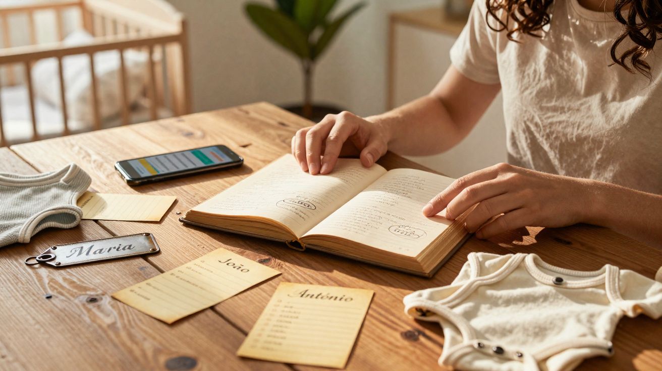 Personne feuilletant un carnet avec liste de prénoms, téléphone, vêtements de bébé et étiquettes sur une table en bois.