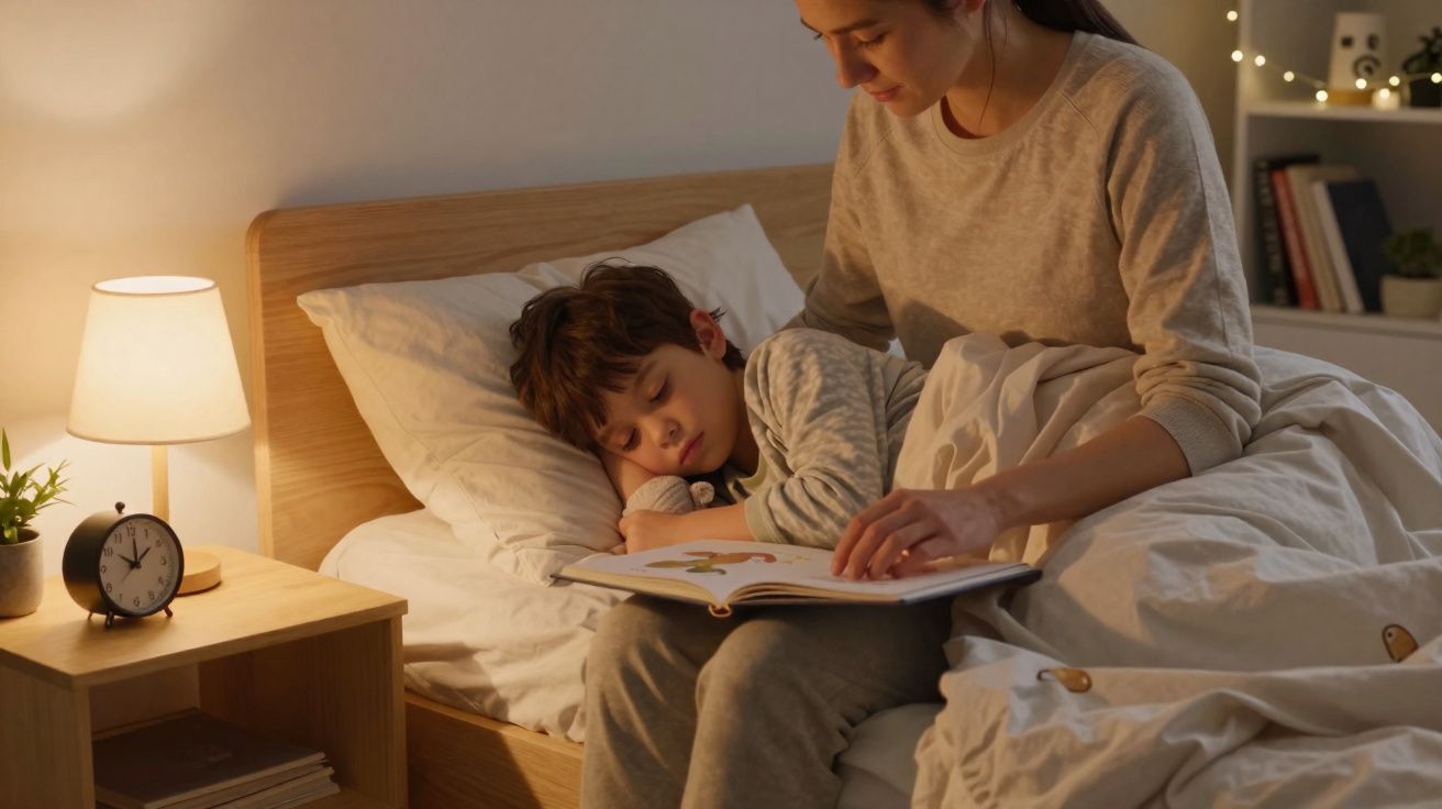 Une mère lit une histoire à son enfant endormi dans un lit au coucher, ambiance chaleureuse et douce.