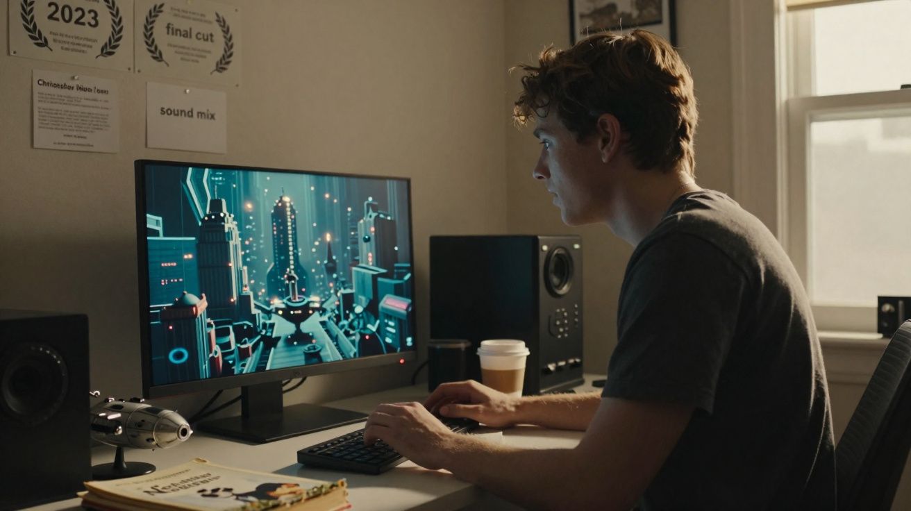 Jeune homme travaillant sur ordinateur avec écran affichant une ville futuriste animée dans une pièce lumineuse.