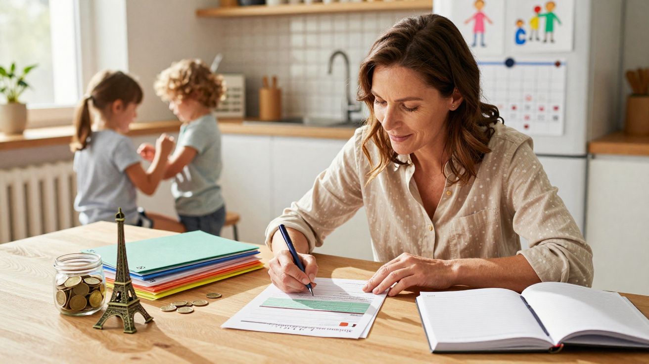 Femme souriante remplissant un formulaire à table, enfants jouant en arrière-plan dans une cuisine lumineuse.