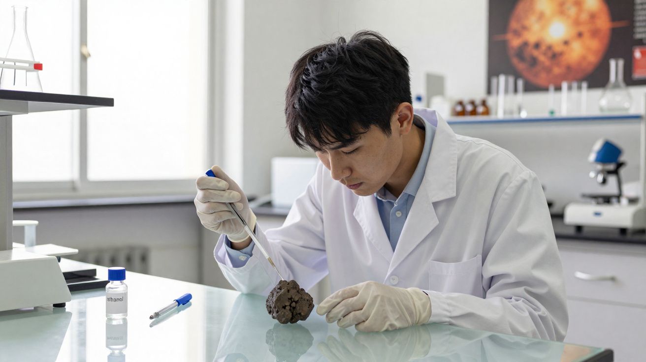 Chercheur asiatique en blouse blanche utilisant une pipette sur un échantillon rocheux dans un laboratoire moderne.