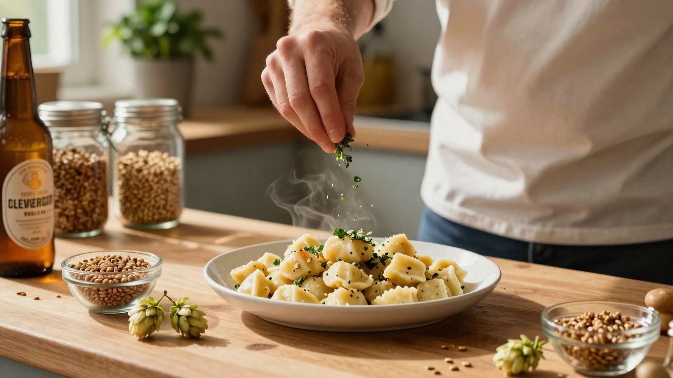 Main saupoudrant des herbes fraîches sur un plat de gnocchis fumants posés sur une table en bois.