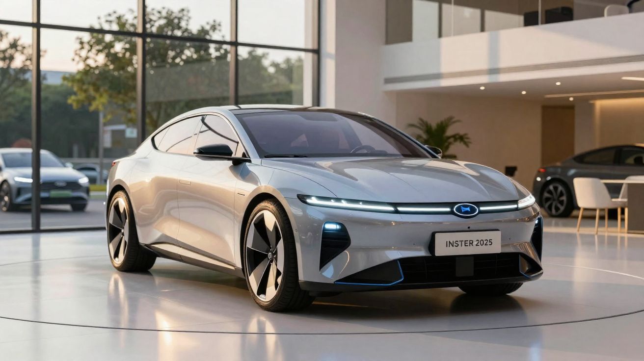 Voiture électrique argentée Insters 2025 moderne exposée dans un showroom lumineux avec grandes fenêtres.