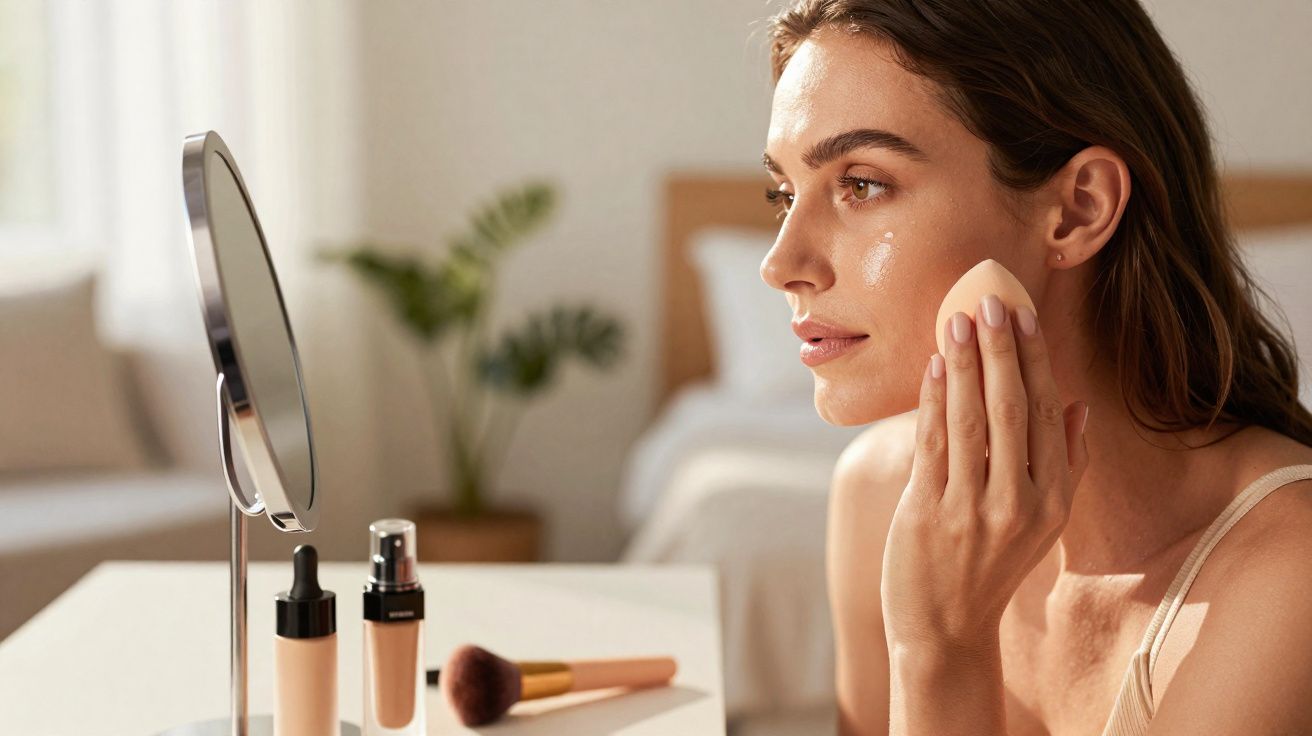 Femme appliquant du fond de teint avec une éponge devant un miroir sur une table avec pinceau et flacons.