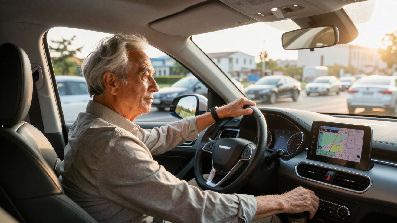 Homme âgé conduisant une voiture avec un GPS affiché sur l'écran du tableau de bord en ville.