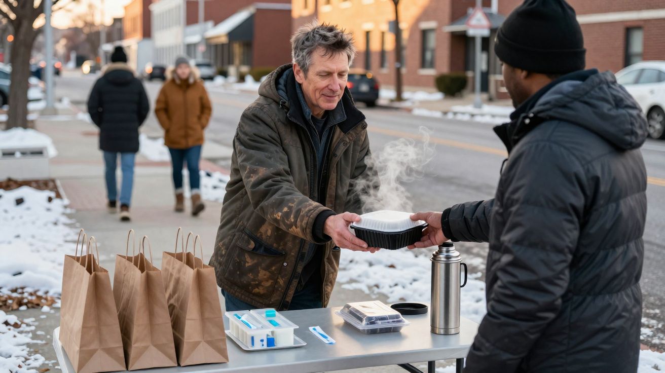 Un homme donne un repas chaud à un autre devant une table avec sacs et thermos dans la rue enneigée.