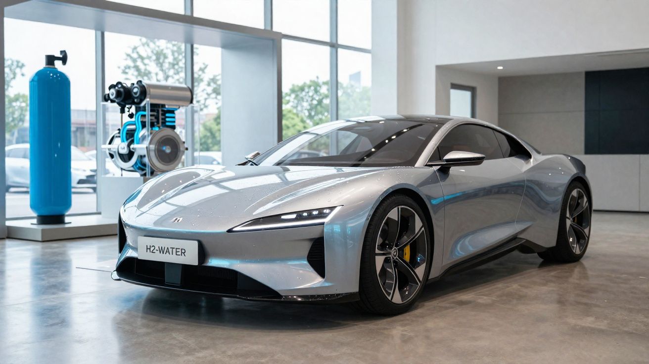 Voiture de sport grise moderne H2-WATER présentée dans un showroom lumineux et épuré.