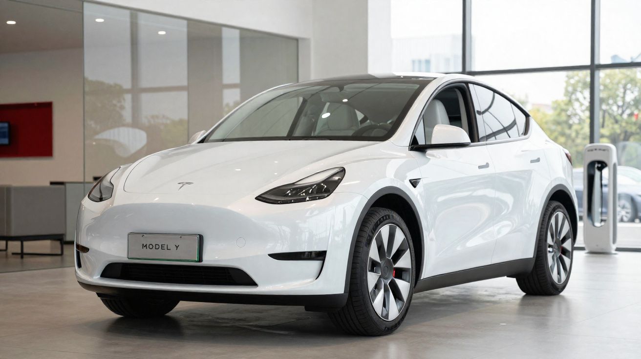 Voiture électrique Tesla Model Y blanche exposée dans un showroom moderne avec grandes fenêtres.