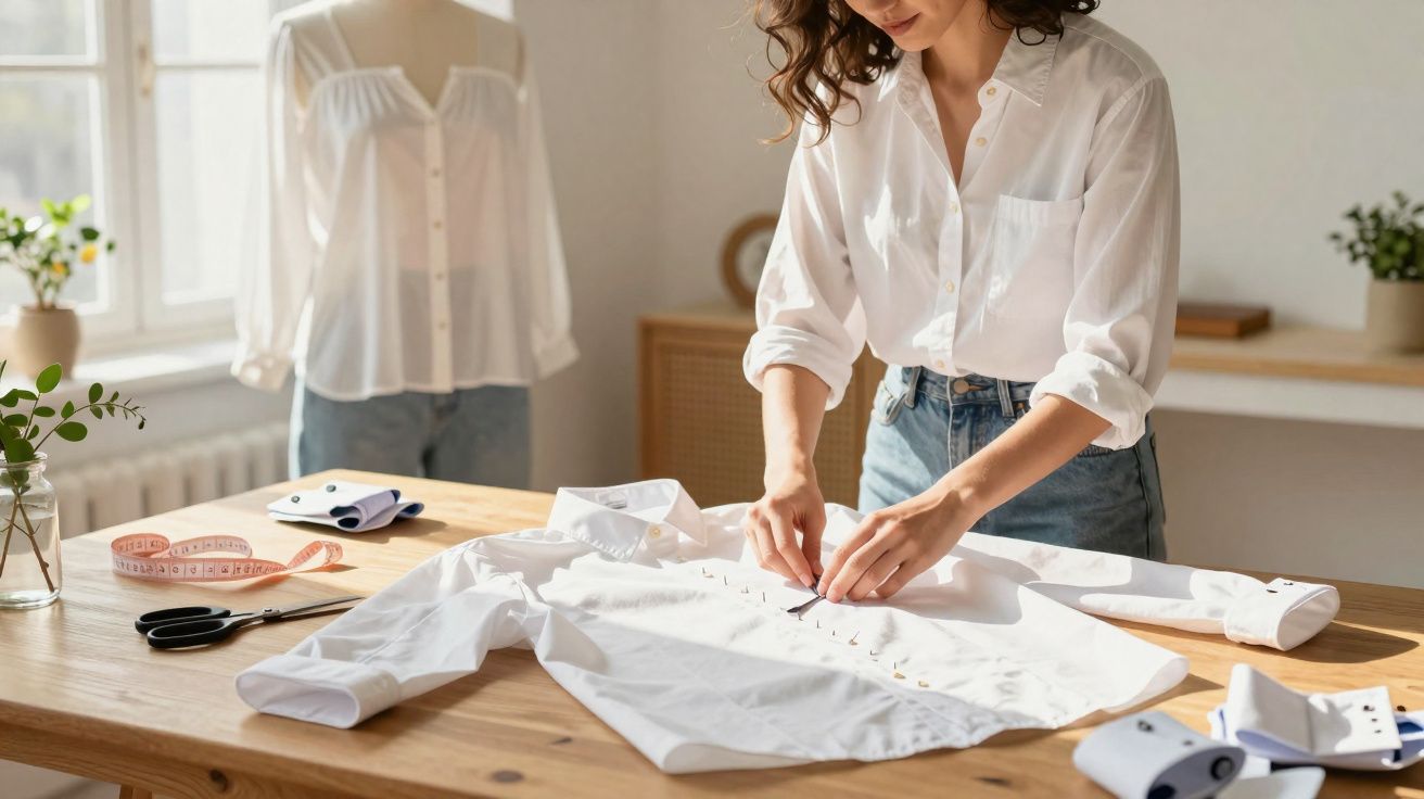 Femme en chemise blanche épingle une chemise à plat sur une table en bois dans un atelier lumineux.