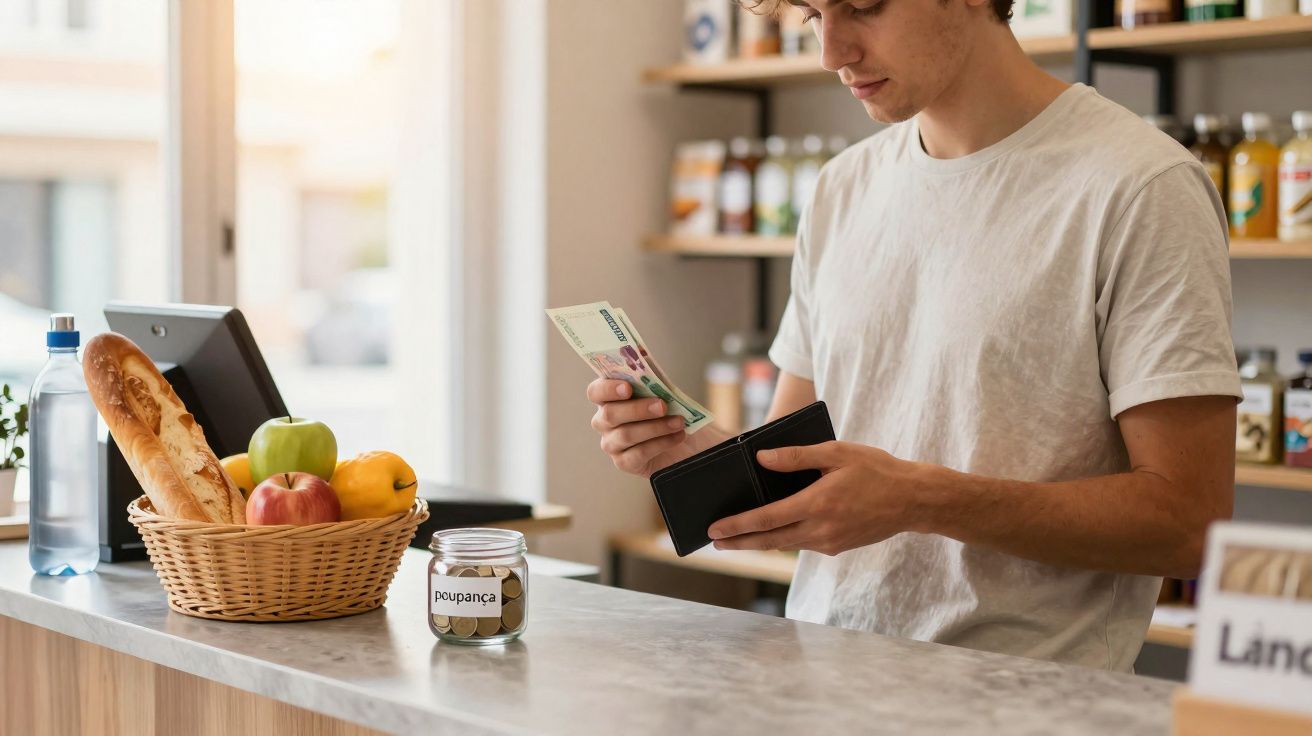 Jeune homme compte des billets en caisse dans une épicerie avec panier de fruits et tirelire sur le comptoir.