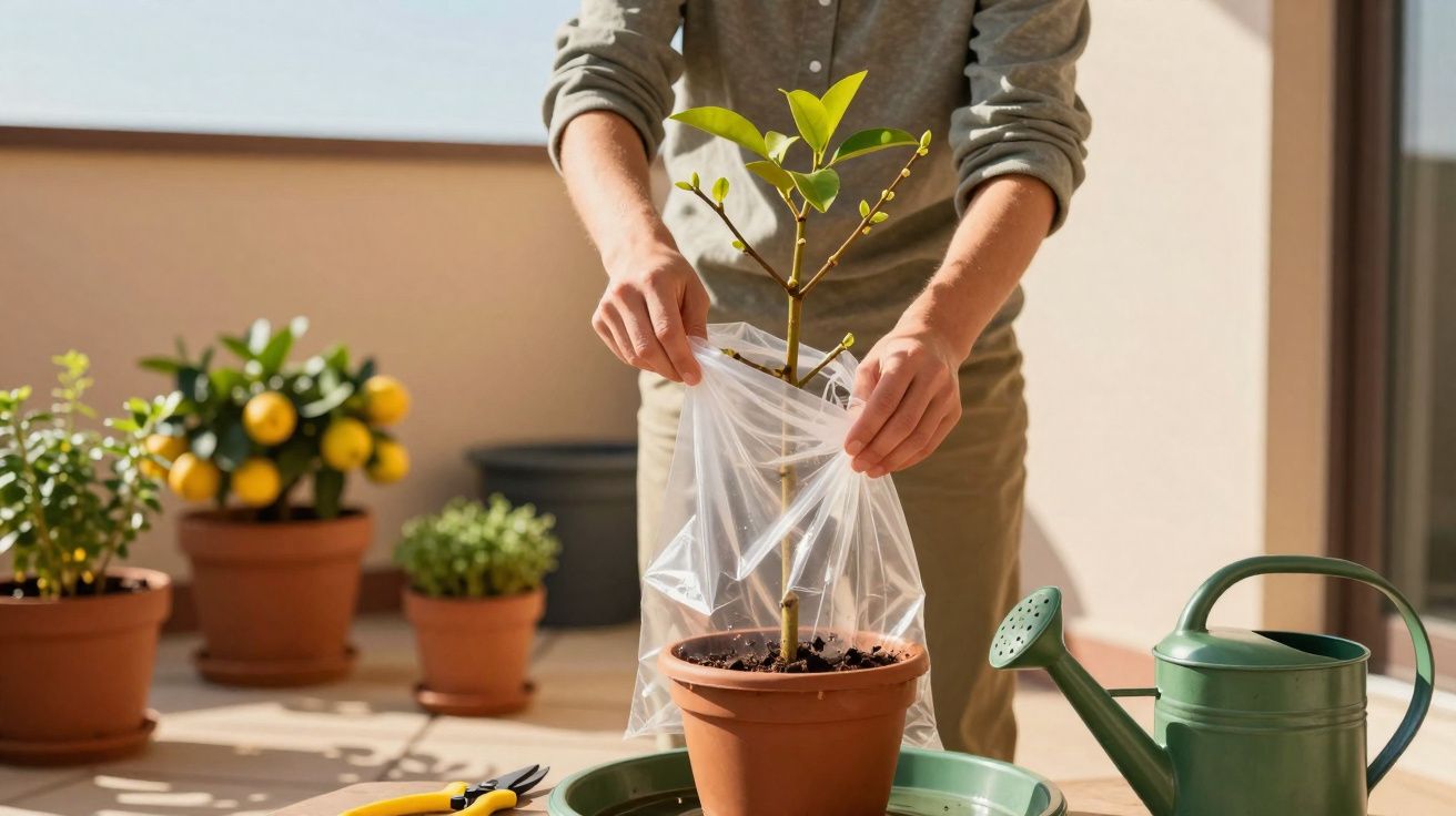 Personne protégeant un jeune plant en pot avec un sac plastique sur une terrasse ensoleillée.
