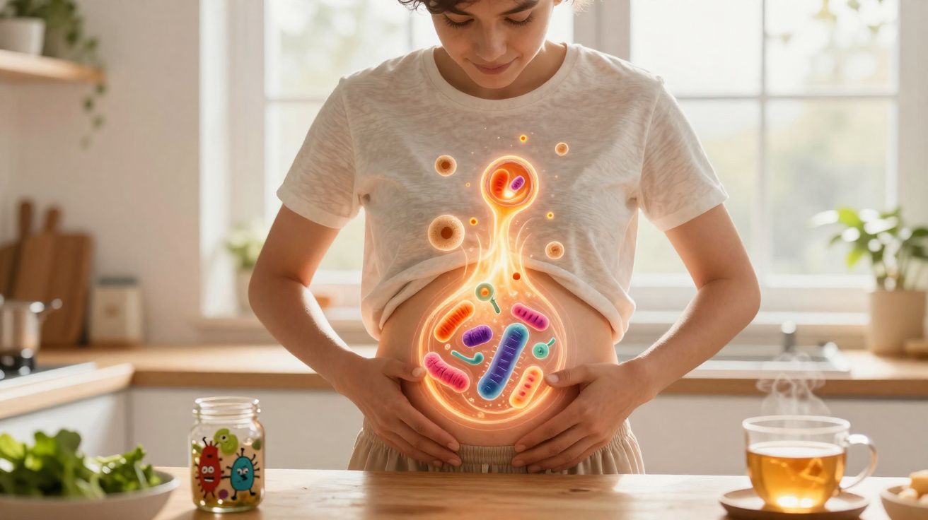 Jeune femme touchant son ventre avec illustration numérique de microbiote intestinal en couleur vive.