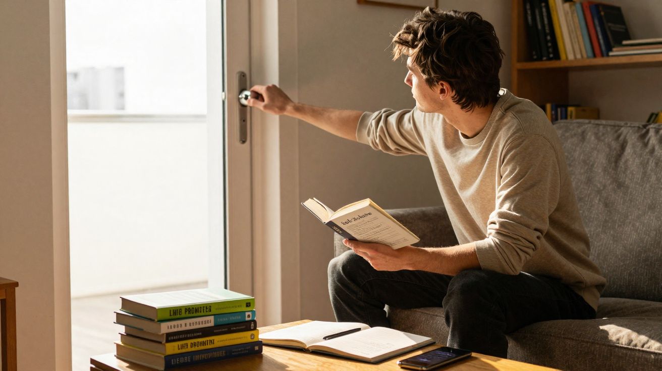 Jeune homme assis sur un canapé, lisant un livre et ouvrant une porte vitrée vers l'extérieur.