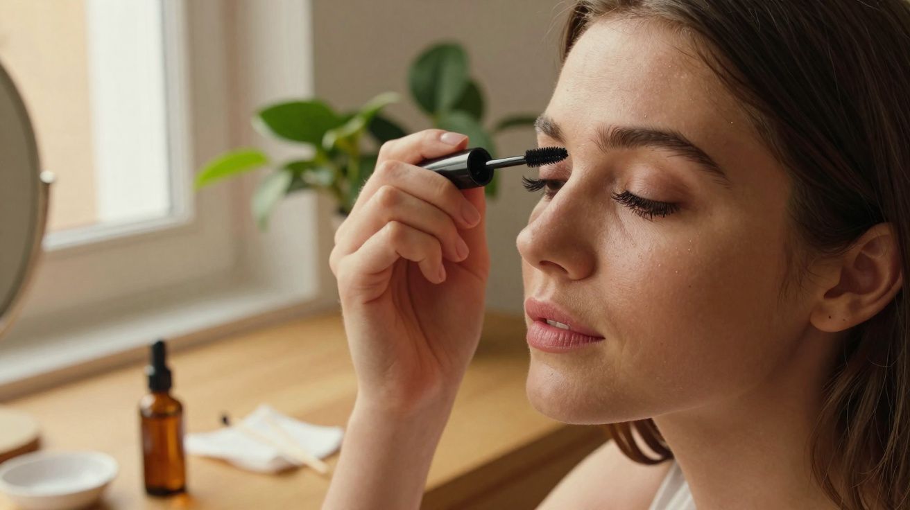 Jeune femme appliquant du mascara près d'une fenêtre avec plantes et accessoires de beauté en arrière-plan.