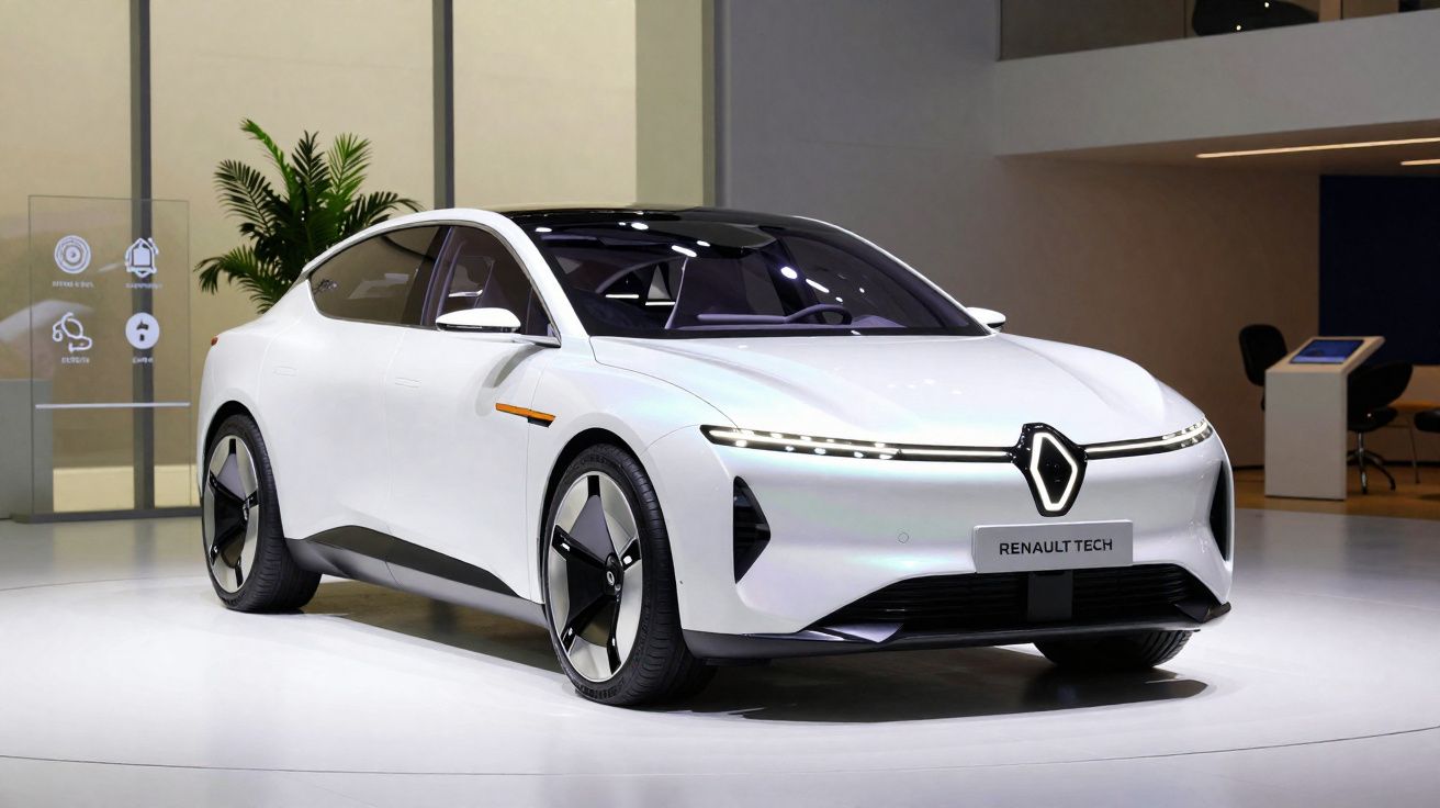 Voiture électrique blanche Renault Tech, design futuriste avec phares LED et roues noires, exposée en intérieur.