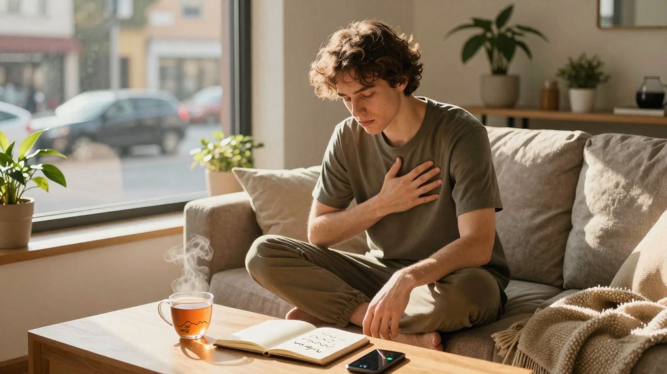 Jeune homme assis sur un canapé, tenant sa poitrine, semblant avoir une gêne respiratoire, avec un livre et une tasse de thé 