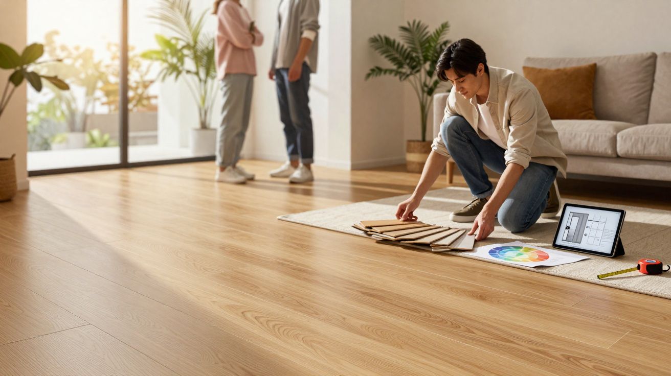 Jeune homme comparant des échantillons de parquet près d’une palette de couleurs dans un salon lumineux.
