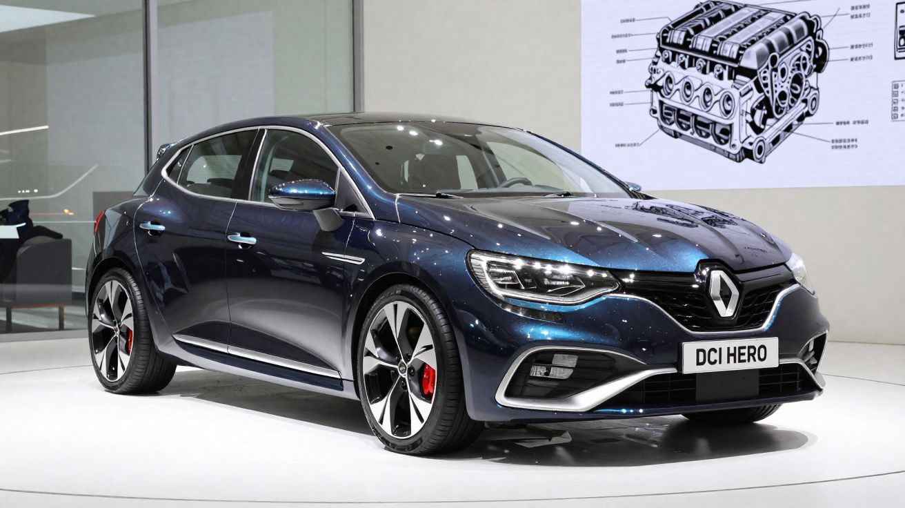 Voiture compacte Renault bleu métallisé exposée sur un podium blanc dans un salon automobile.