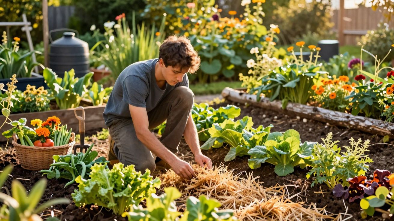 Jeune homme jardinier en train de pailler un potager entouré de fleurs colorées au soleil couchant.