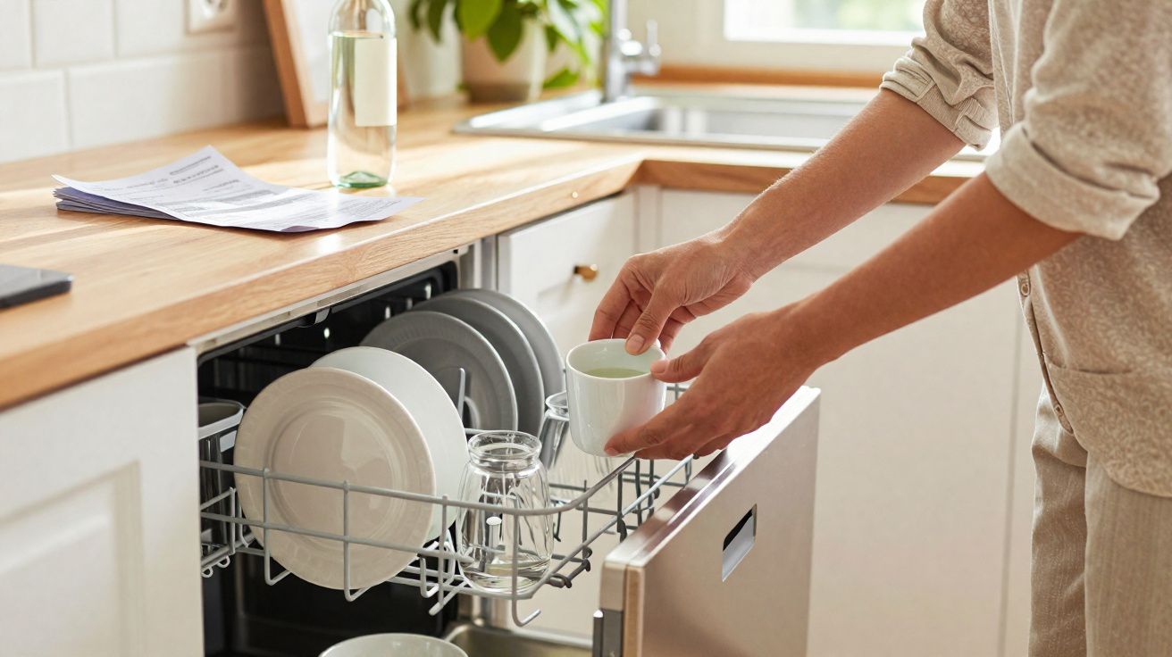 Personne rangeant une tasse propre dans un lave-vaisselle ouvert dans une cuisine lumineuse.
