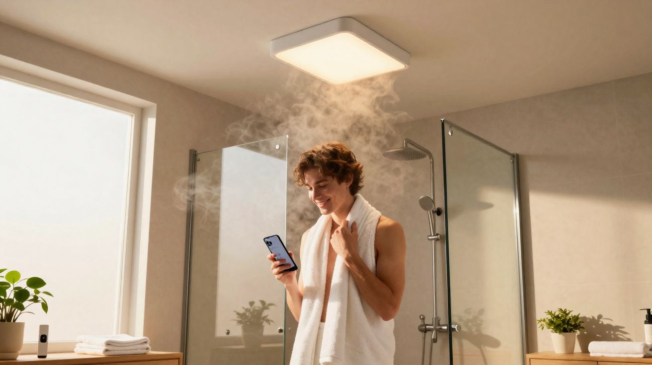 Jeune homme souriant avec une serviette regardant son téléphone dans une salle de bain moderne et lumineuse.