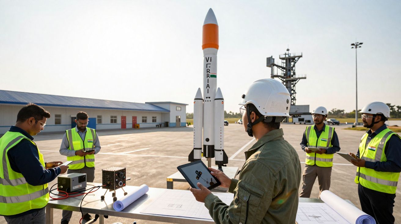Ingénieurs en casques et gilets réfléchissants testant une maquette de fusée sur site aéronautique.