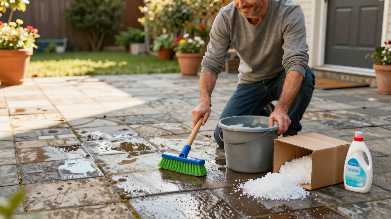 Homme nettoyant une terrasse carrelée avec une brosse, seau d'eau, détergent et granulés blancs.