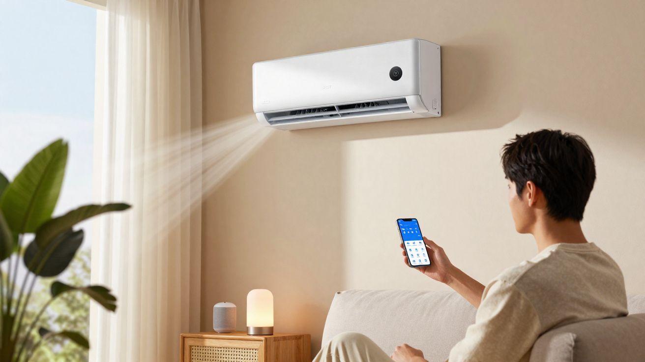 Homme assis sur un canapé contrôlant une climatisation murale blanche avec un smartphone dans un salon lumineux.