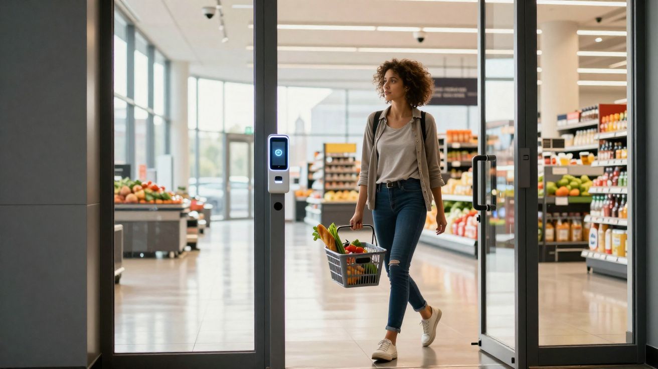 Jeune femme entrant dans un supermarché avec un panier de courses rempli de légumes frais.