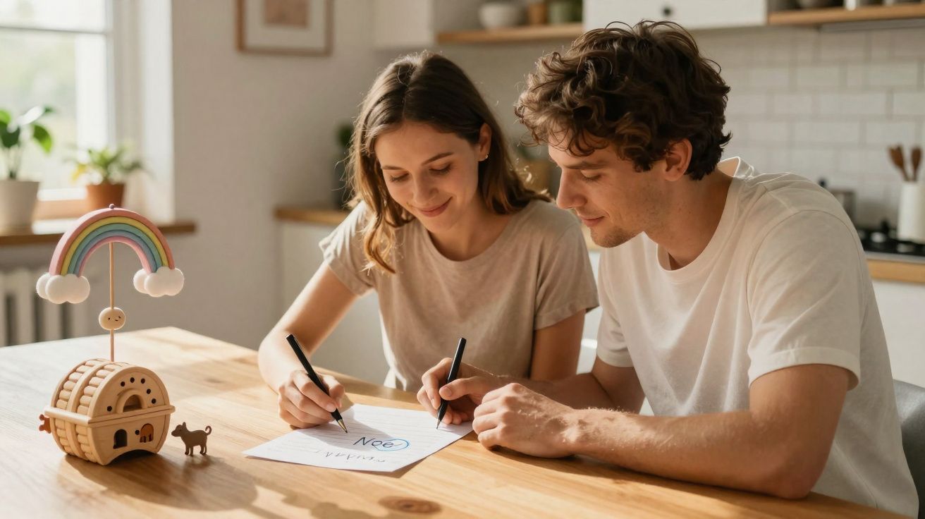 Jeune couple assis à une table en bois, signant un document avec des stylos dans une pièce lumineuse.