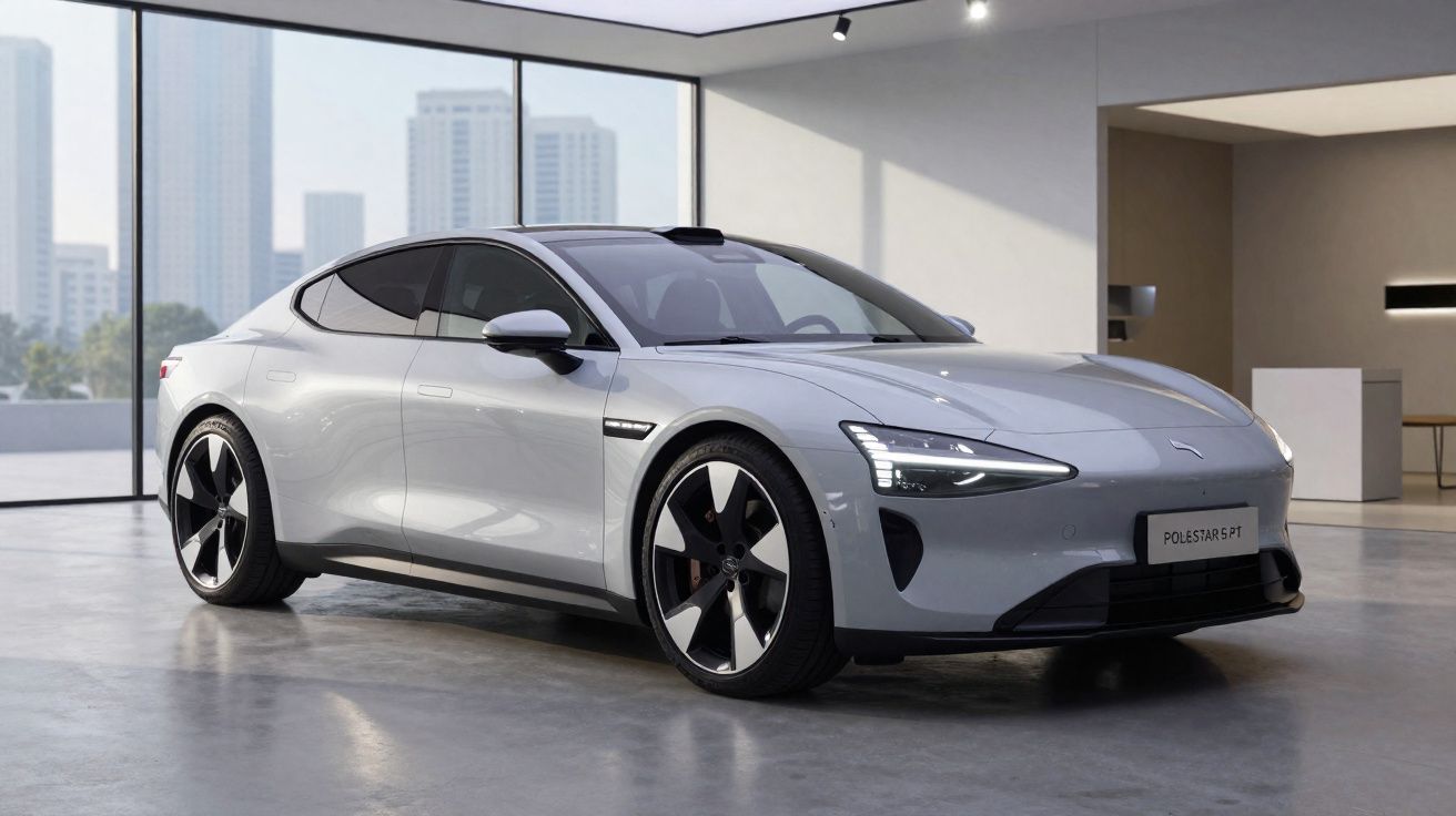 Voiture sportive électrique grise Polestar 5 dans un showroom moderne avec fenêtres panoramiques.