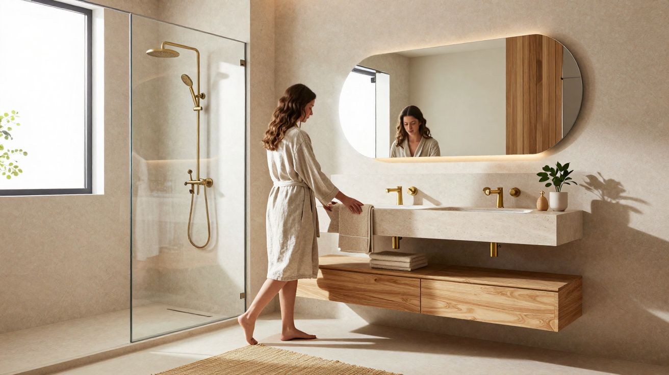 Femme en peignoir dans une salle de bain moderne avec douche à l’italienne, double lavabo et miroir ovale éclairé.