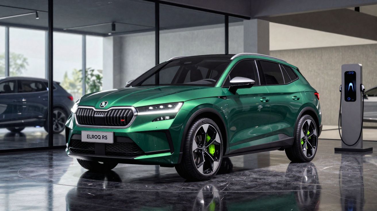 Véhicule électrique SUV vert Škoda Enyaq RS garé près d'une borne de recharge dans un garage moderne.