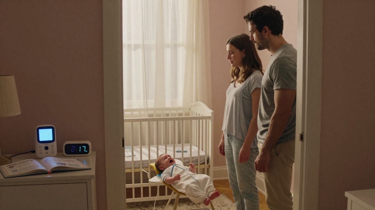 Un couple regarde un bébé pleurant dans un transat dans une chambre d'enfant éclairée par une fenêtre.
