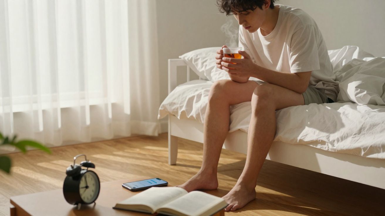 Jeune homme assis au bord du lit tenant une tasse fumante, avec un livre et un réveil sur une table basse.