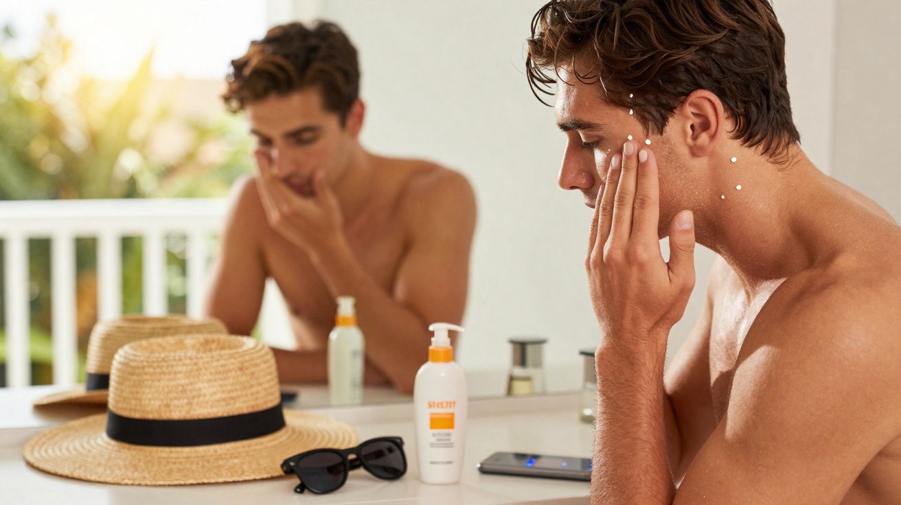 Homme appliquant une crème solaire sur le visage devant un miroir, chapeau et lunettes posés sur le comptoir.