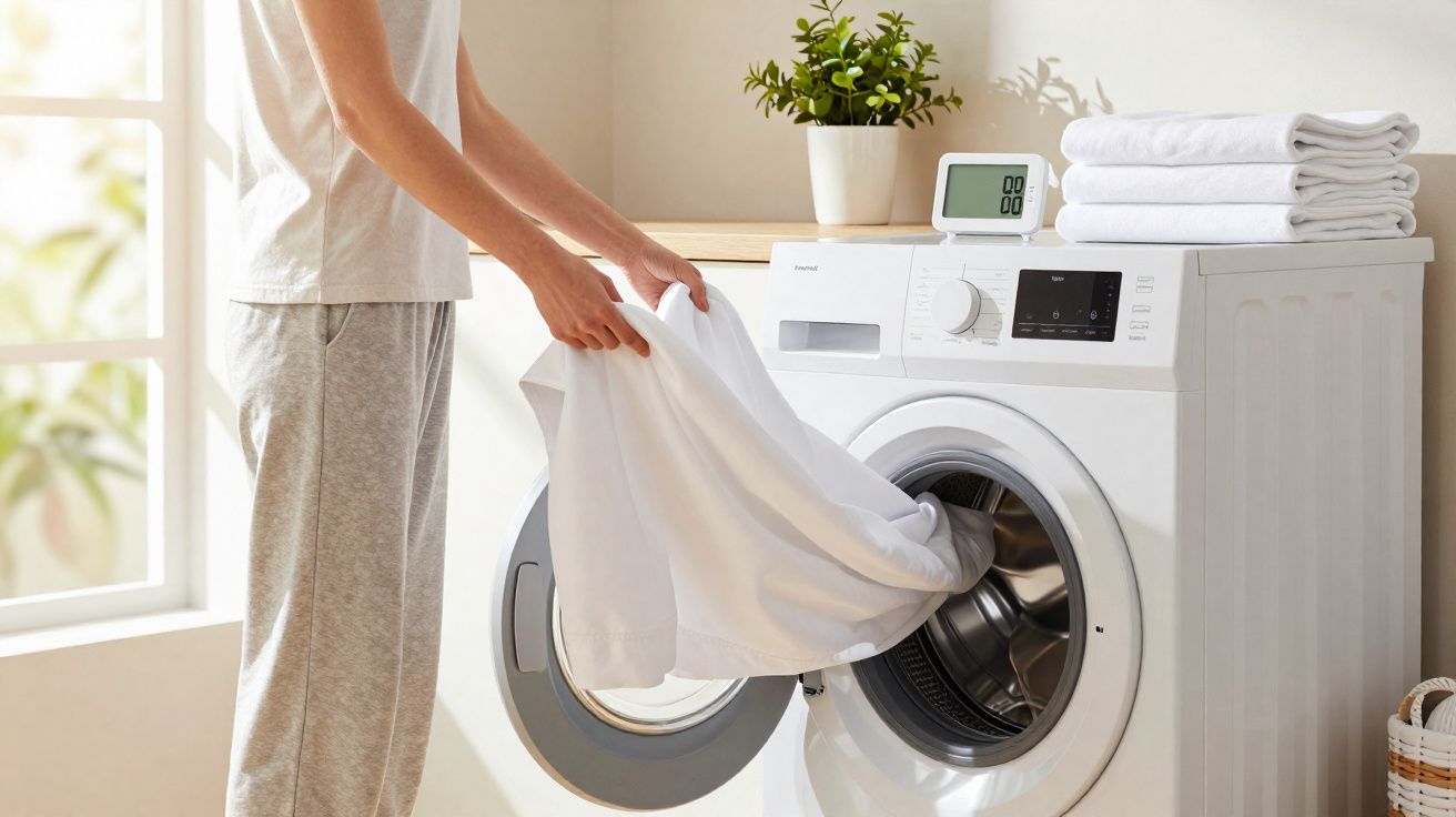 Personne chargeant un linge blanc dans une machine à laver blanche dans une pièce lumineuse.