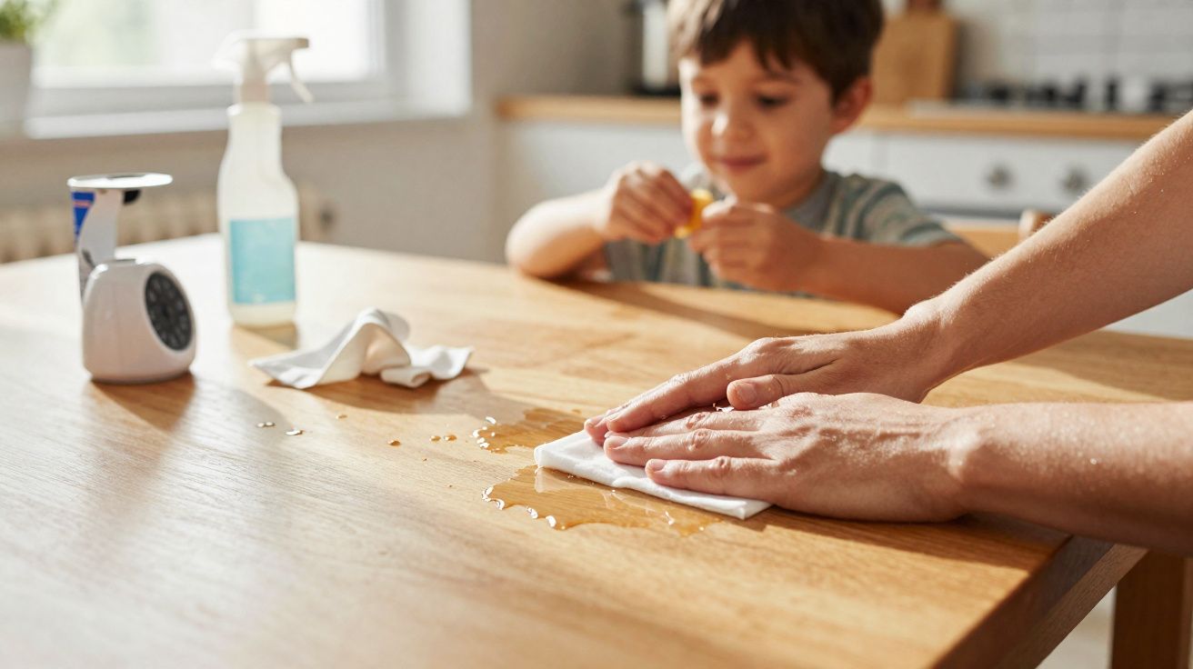 Une personne essuie une table en bois mouillée pendant qu'un enfant joue en arrière-plan dans une cuisine lumineuse.
