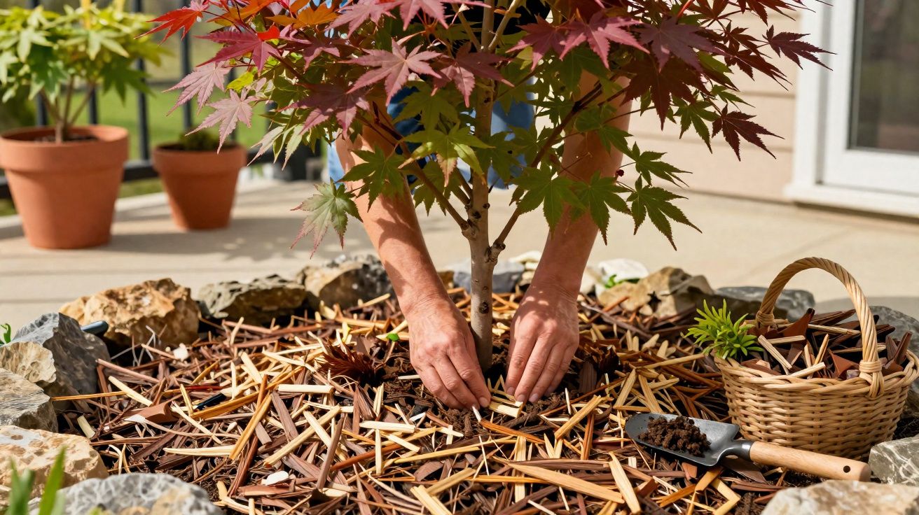 Personne jardinant un érable japonais entouré de paillis en écorce dans un cercle de pierres.