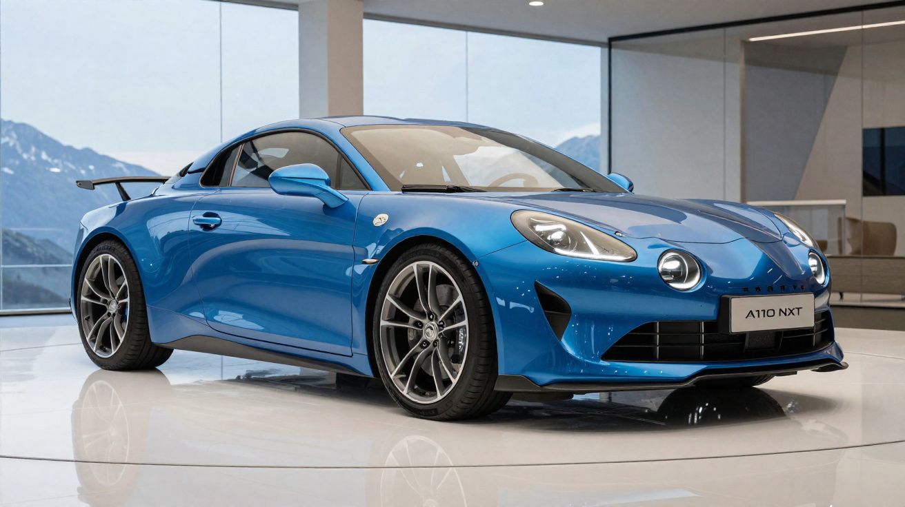 Voiture de sport Alpine A110 NXT bleu exposée dans un showroom avec montagnes en arrière-plan.