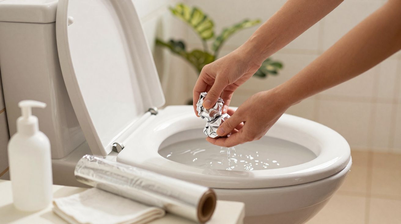 Mains jetant du papier aluminium froissé dans une cuvette de toilettes blanche ouverte dans une salle de bain.