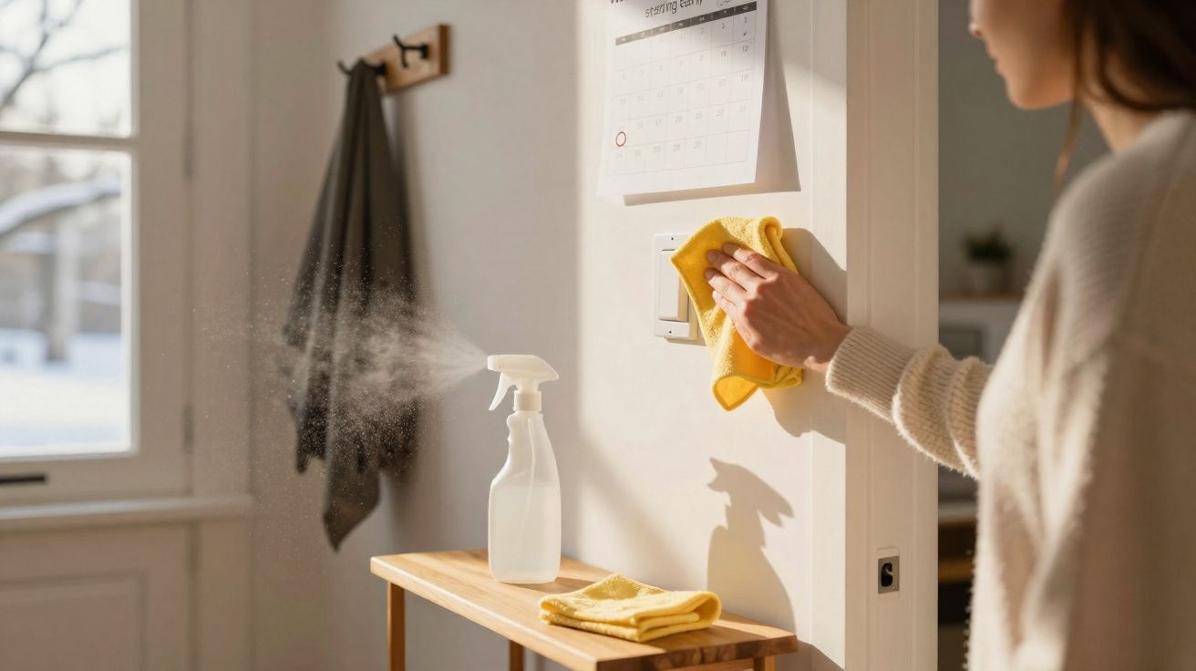 Personne nettoyant un interrupteur mural avec un chiffon jaune à l'intérieur d'une maison lumineuse.