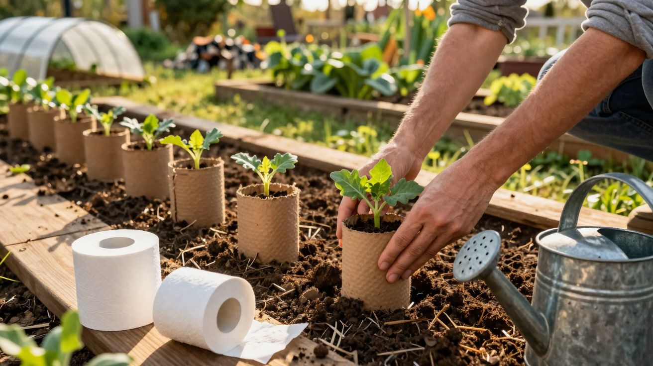 Personne plantant des jeunes pousses dans des rouleaux de papier toilette recyclés dans un potager.