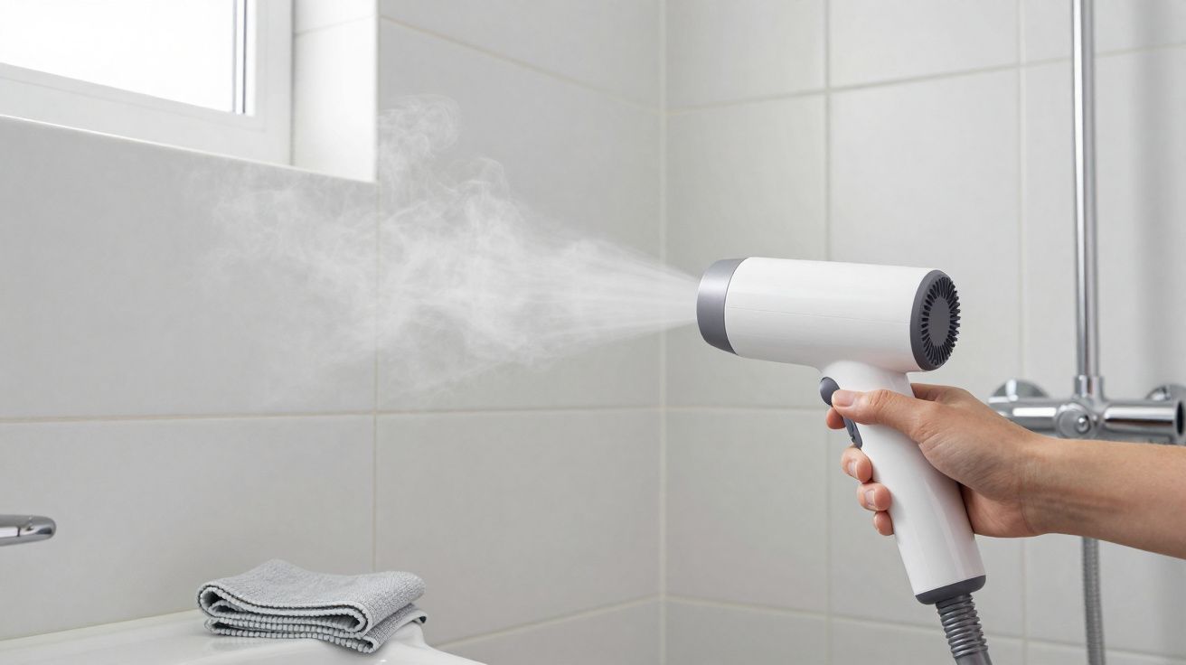 Main tenant un sèche-cheveux blanc diffusant de la vapeur dans une salle de bain carrelée.