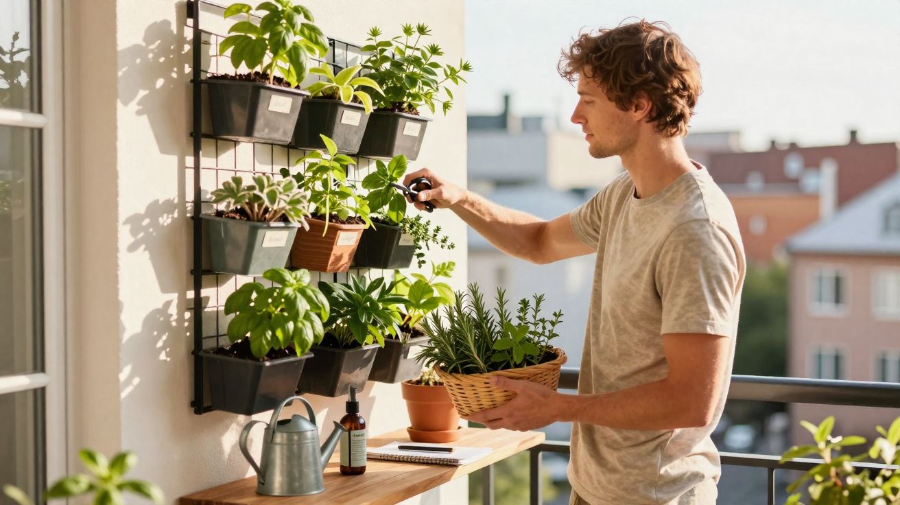 Jeune homme arrosant des plantes sur un balcon avec potager vertical en journée ensoleillée.