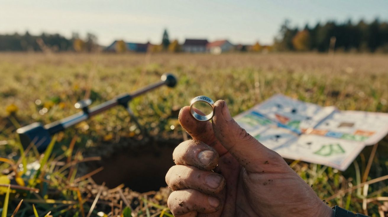 Main sale tenant une bague trouvée près d'un trou creusé sur un champ herbeux avec une carte au sol.